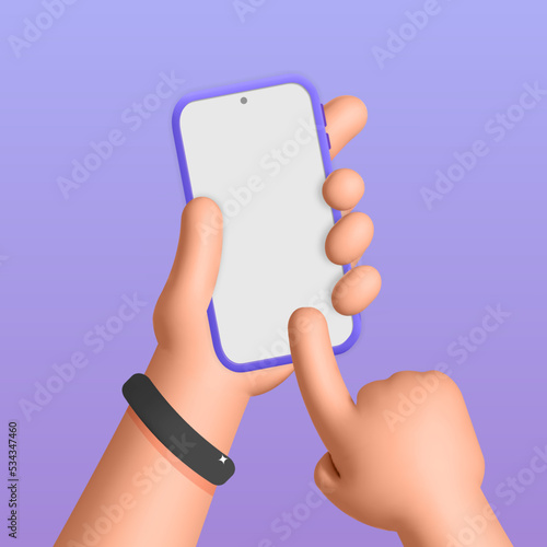 3d vector man holding white screen smartphone in two hands mockup realistic render design illustration. Scrolling and searching something in phone, application, service ideas. Touch screen with finger