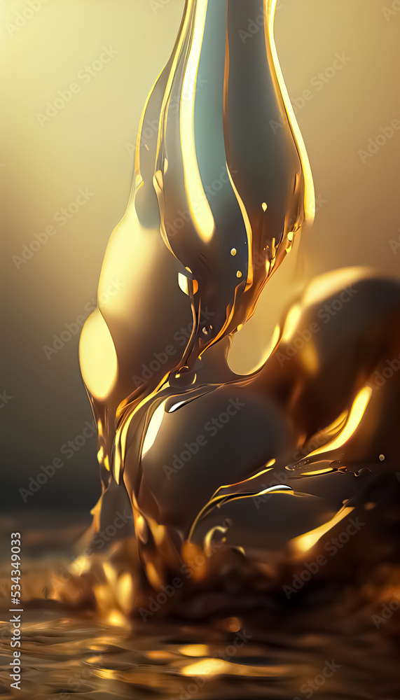 Liquid gold metallic dynamic glossy fluid abstract luxurious background. Digital 3D illustration.