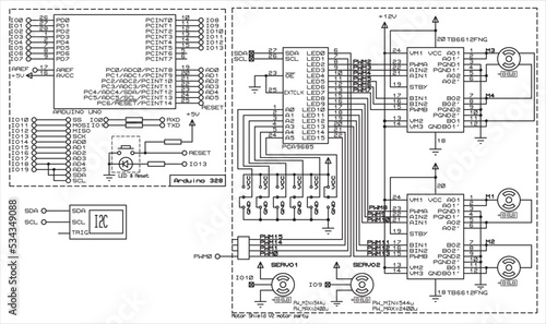 Vector diagram of an electronic device on the Arduino uno. Connecting external devices to the Arduino board. Electronic circuit board.