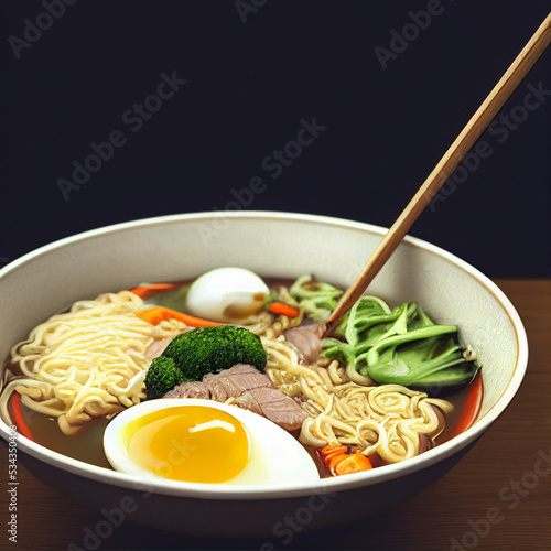 Japanische Ramen Suppe mit frischem Gemüse und Ei, generative ai technology	 photo