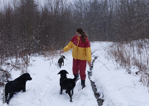 woman walking with dogs in the forest in snowy weather