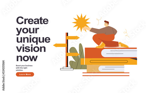 Male student at the crossroads. Student with books thinking about career path. Flat vector illustration.   Future planning and decision making. Man choosing the right direction. Achieve goal concept