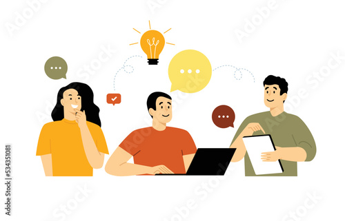 Working process scene. Working atmosphere in office. Business discussion and brainstorming. Coworkers working on a project together. Team work concept. Flat vector illustration with people characters
