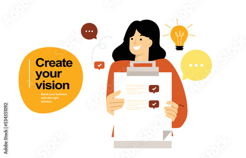 Businesswoman complete checklist. Female holding to do list. Business task and work planning success. Completed checklist on clipboard. Professional service concept. Flat vector illustration