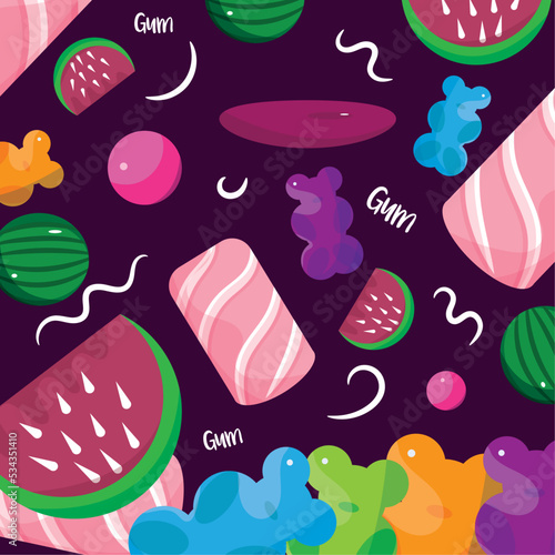 Colored seamless pattern background with different marshmallows Vector