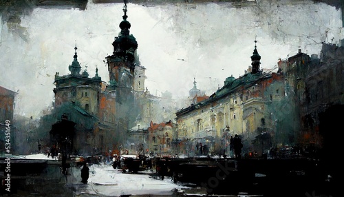 Krakow city landscape, Krakow cityscape painting illustration art