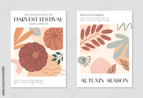 Autumn harvest festival posters with pumpkins,shapes,foliage and copy space for text.Trendy autumn covers for invitations,social media marketing,placard,brochure.Harvest fest vector illustrations