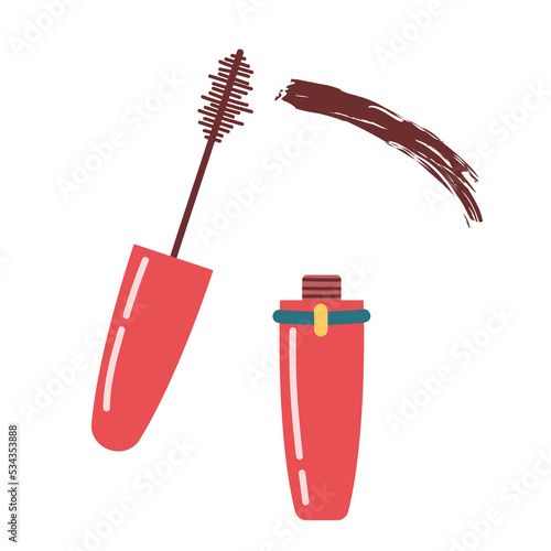 Opened mascara with brush. Hand drawn makeup product in cartoon style. Vector illustration isolated on white background.