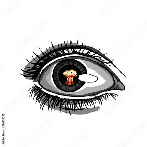 Nuclear explosion in dilated pupil. Vector illustration of eye with black lashes on white background