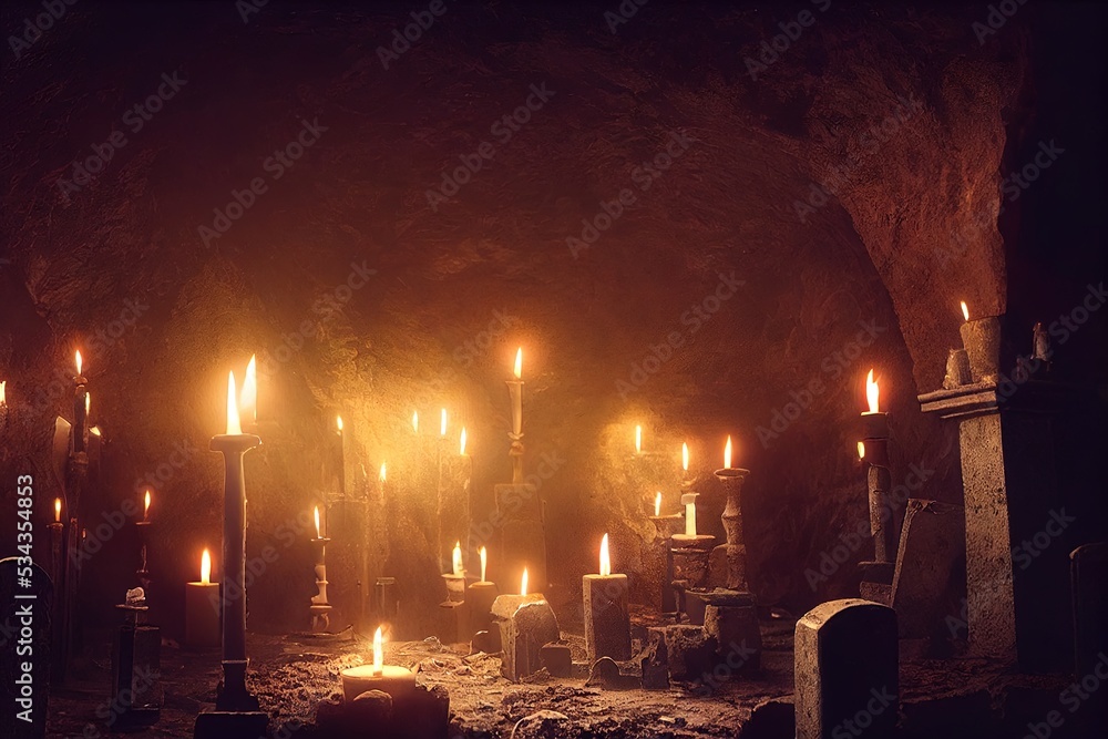 The interior of the crypt in the dark with candlelight and graves