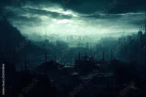 The ruins of a big city with silhouettes of destroyed buildings from the war and the abandonment of the city, the concept of war