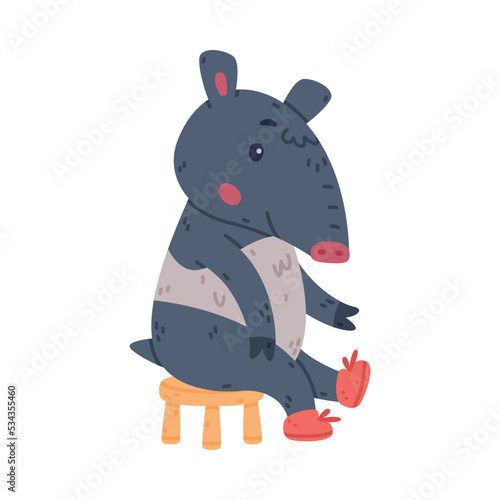 Cute Tapir Animal with Proboscis Sitting on Chair Wearing Shoes Vector Illustration