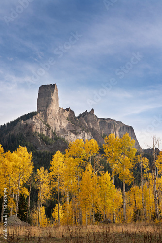USA  Colorado  Uncompahgre National Forest. Autumn landscape with Chimney Rock and Courthouse Mountain.