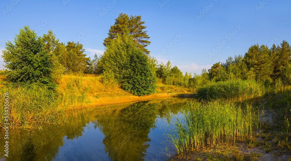 small calm lake in forest, beautiful summer outdoor landscape