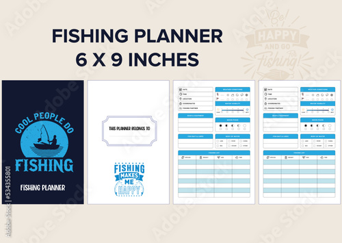 Fishing planner log book, 6 x 9 inches with designed cover,
vector pages that you can edit