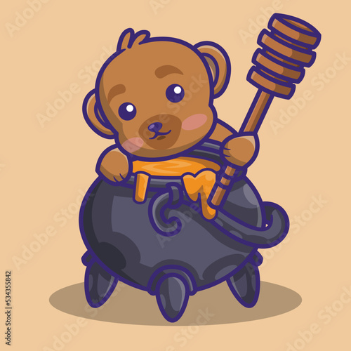 cute bear and a big couldron and honey