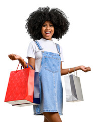 woman holds shopping bags, teen girl smiles and looks at camera