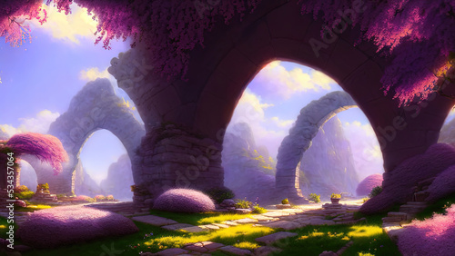 Fairytale garden with stone arch and lilacs. Fantasy landscape  lilac bushes  stone arch  portal  entrance  unreal world. 3D illustration