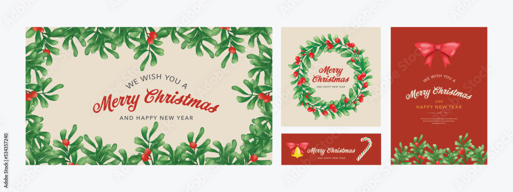 Merry Christmas and Happy New Year greeting card. Watercolor floral border illustration vector. Merry Christmas and Happy New Year greeting card. Watercolor floral border illustration vector.