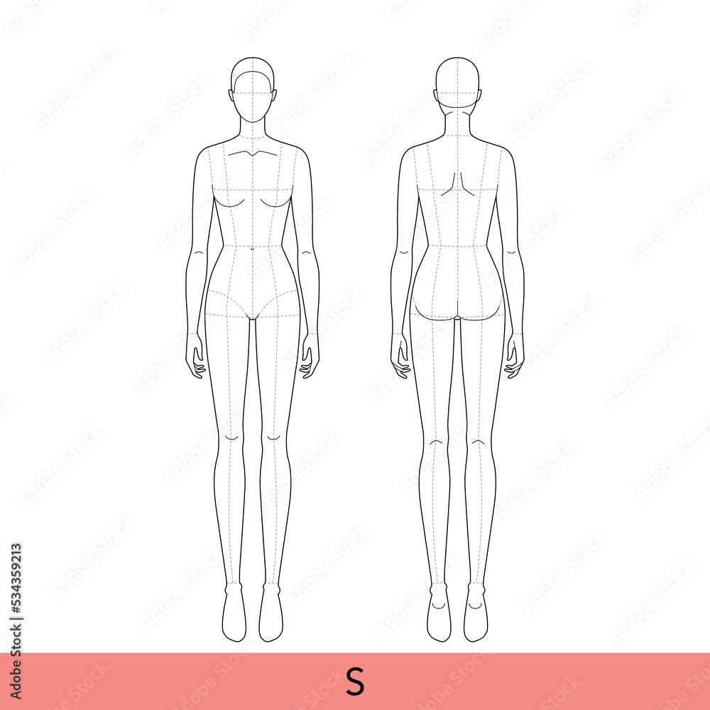 S Size Women Fashion template 9 nine head Croquis Lady model skinny body with main lines figure front, side, 3-4, back view. Vector isolated sketch outline girl for Fashion Design, Illustration S Size Women Fashion template 9 nine head Croquis Lady model skinny body with main lines figure front, side, 3-4, back view. Vector isolated sketch outline girl for Fashion Design, Illustration