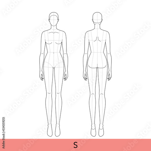 S Size Women Fashion template 9 nine head Croquis Lady model skinny body with main lines figure front, side, 3-4, back view. Vector isolated sketch outline girl for Fashion Design, Illustration