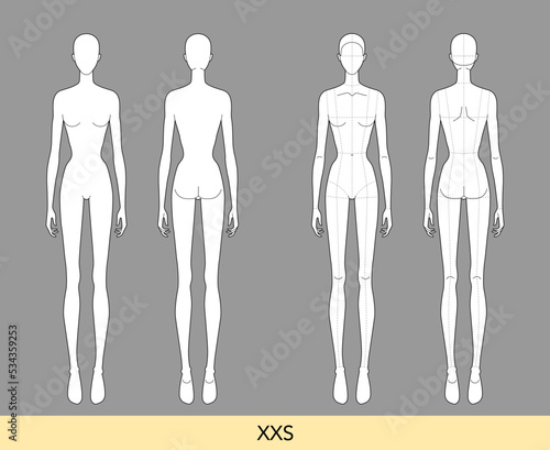 Set of XXS size Women Fashion template 9 head size Croquis Lady model skinny body figure front, back view. Vector isolated sketch outline boy girl for Fashion Design, Illustration, technical drawing