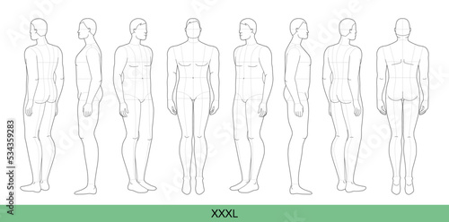 Set of XXXL Men Fashion template extra large 9 nine head size Croquis oversize Gentlemen model Curvy body figure front, side, 3-4, back view. Vector outline boy for Fashion Design, technical drawing