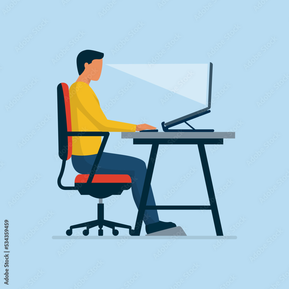 Ergonomic workspace: proper sitting posture at desk - obrazy, fototapety, plakaty 