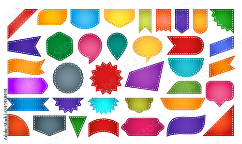 Best choice special offer new big sale banner. Colorful ribbon price tag sticker discount label template. Fabric stiched blank labels isolated icon set. Trade retro color flag stickers collection