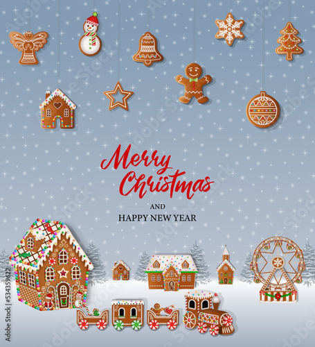 christmas background with gingerbread cookies. gingerbread landscape