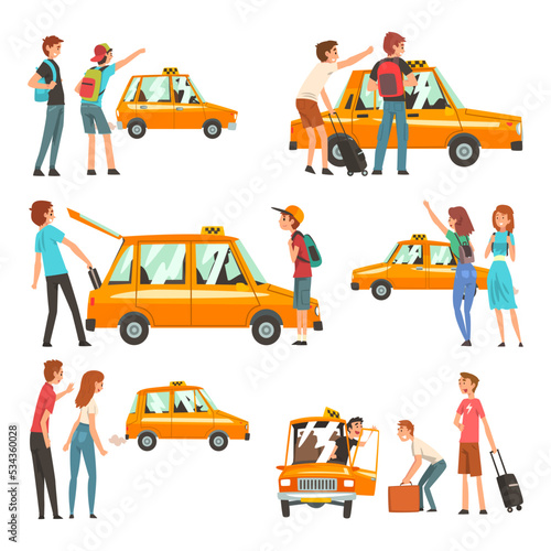 People and Taxi Service with Man and Woman Customer Boarding and Baggage Loading Vector Set