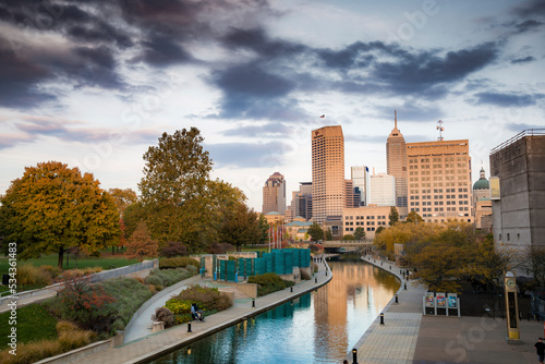 View of downtown from the canal by Indiana State Museum, White River State Park, Indianapolis, Indiana, USA.