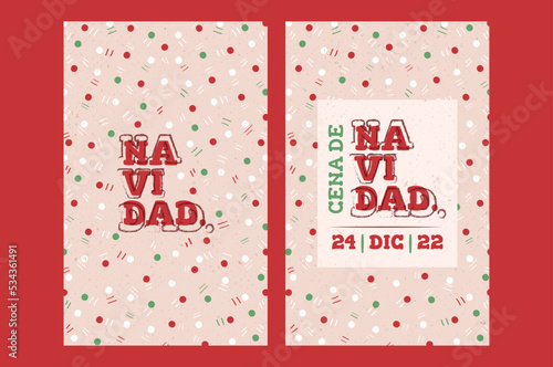 Vector de plantillas de navidad. Divertido fondo vertical navideño e invitación a la cena de navidad.