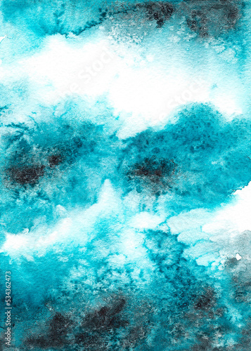 Watercolor blue turquoise abstract texture background, water, frost,fluid, ink,clouds, sky, space,cosmic, woods, forest, indigo, indantrene, azure,wallpaper, paint backdrop, ice,banner, card, wedding