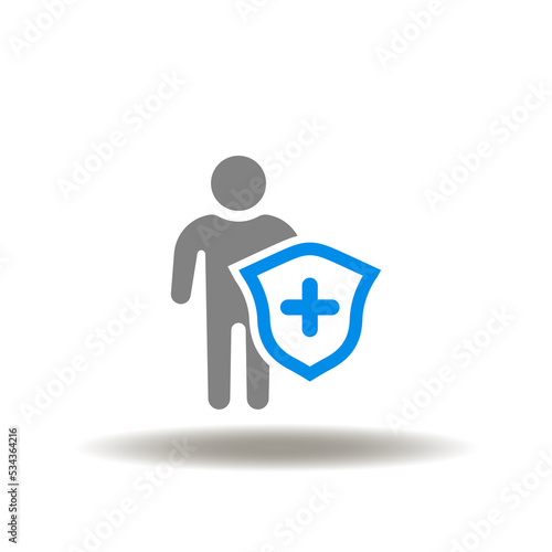 Vector illustration of human with shield and medical cross. Icon of patient care. Symbol of medicine insurance. Sign of immune protection system.