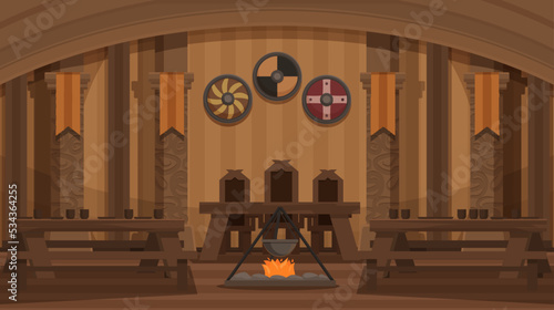 vintage viking hall with hearth and tables, vector illustration