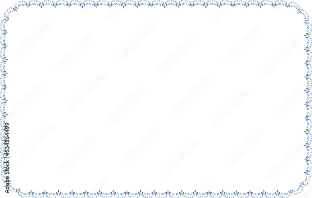 Decorative frame of blue twigs with leaves. Style of national porcelain painting. Thin wavy border of floral motifs isolated on white background. Decorative frame of blue twigs with leaves. Style of national porcelain painting. Thin wavy border of floral motifs isolated on white background.
