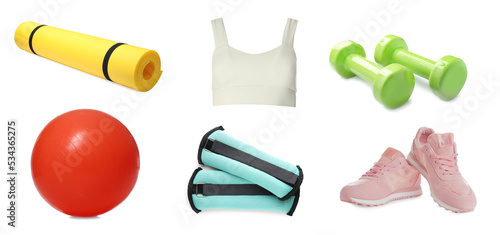 Set with different fitness equipment on white background. Banner design