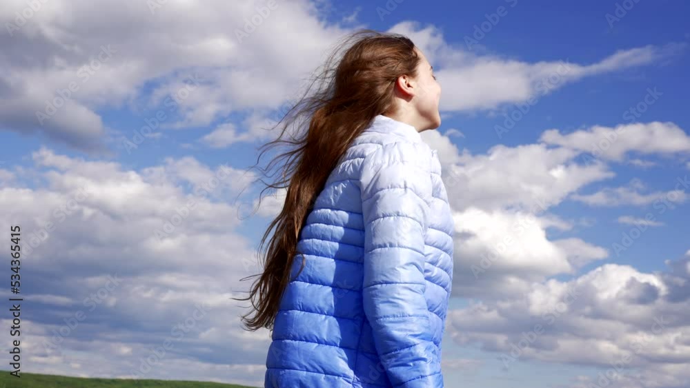 happy child in autumn jacket laughing on sky background, happy childhood happy child in autumn jacket laughing on sky background, happy childhood