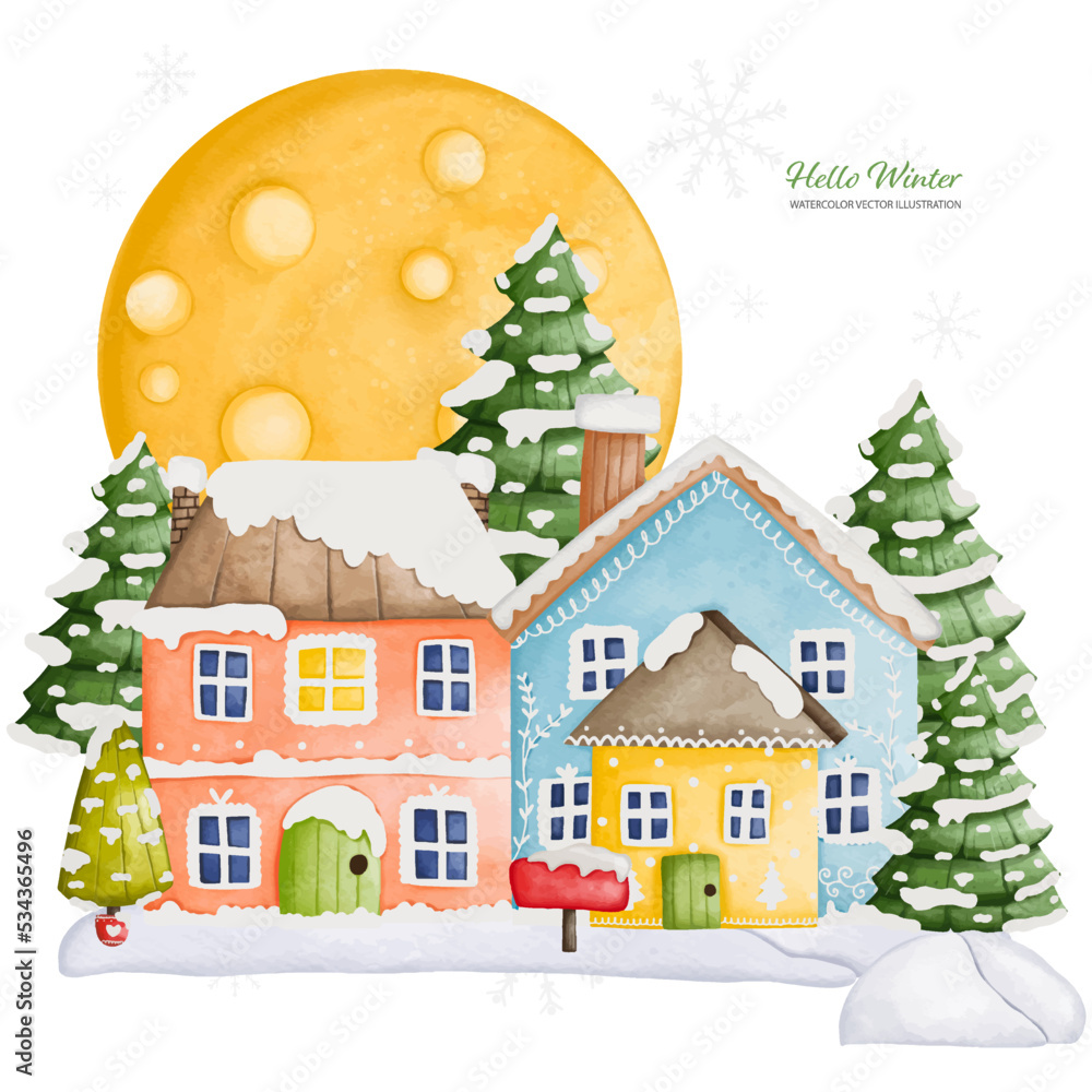 Three Winter house and Full Moon, Watercolor Vector illustration..