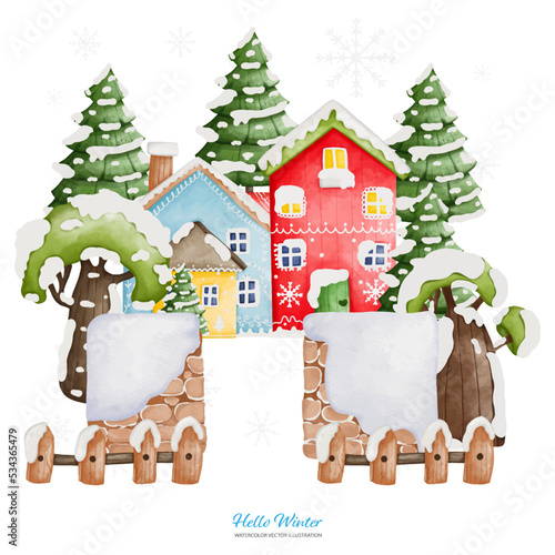 Two winter house with Christmas Tree and Brick fence  Watercolor Vector illustration..