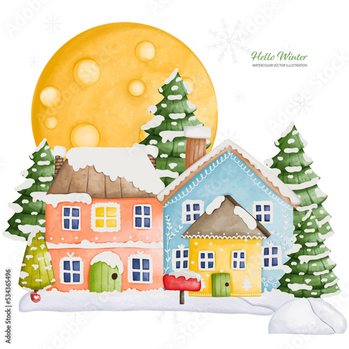 Three Winter house and Full Moon, Watercolor Vector illustration..