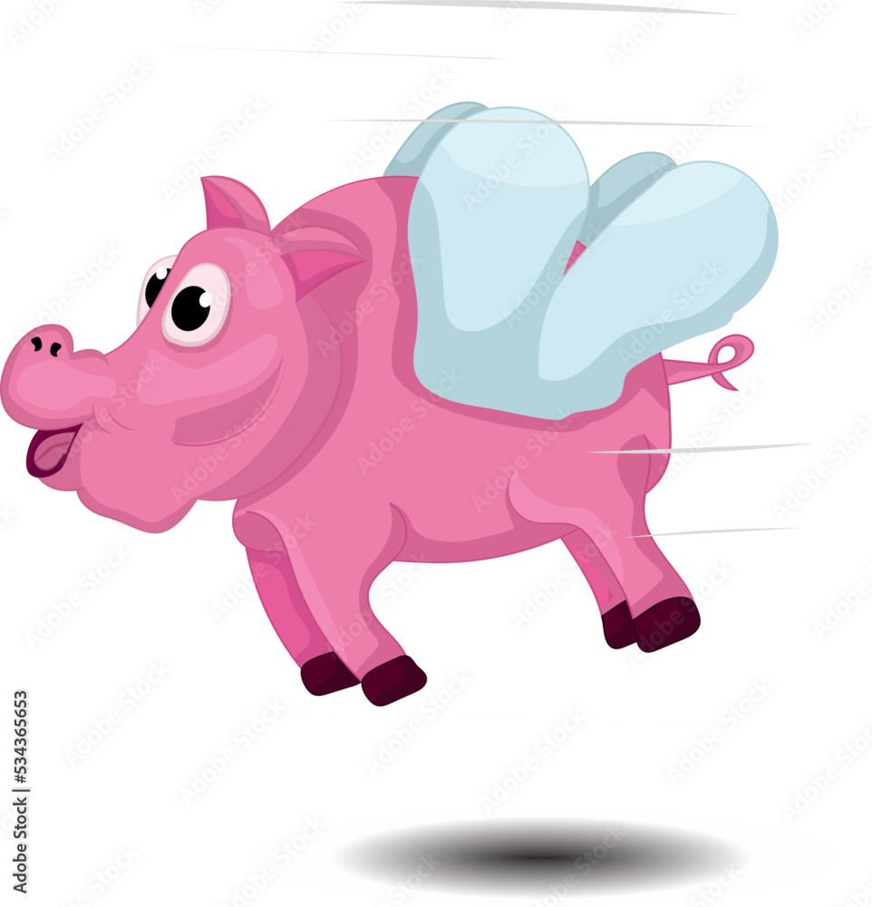 cartoon pig flying and smiling isolated white background