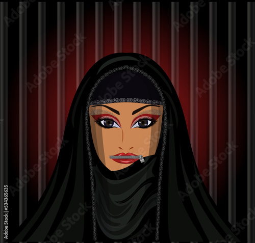 Burka is like a prison. Muslim Women mouth closed with a zipper, vector illustration