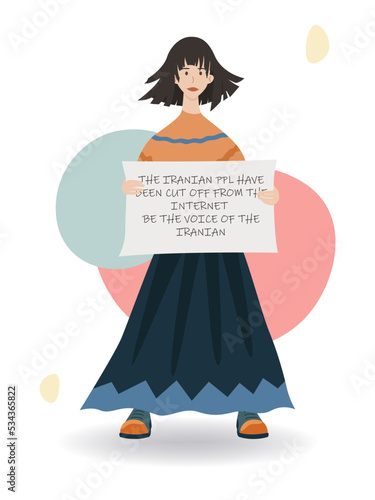 Girl in full growth with a poster in her hands. Rally and protest in Iran, women's freedom. Vector isolated illustration in flat style. The iranian ppl have been cut off from the internet be the voice