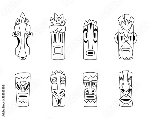 Totem and Maya Civilization Mask from Wood with Carved Ornament Black Vector Set
