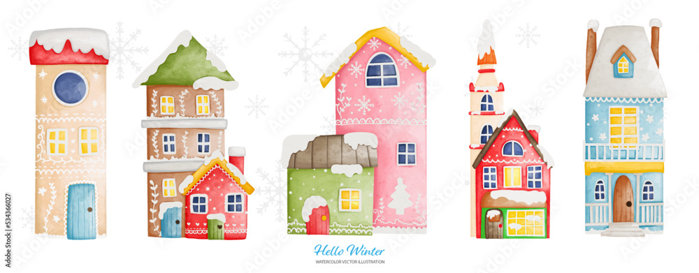 Vintage winter house in winter season, Watercolor Vector illustration
