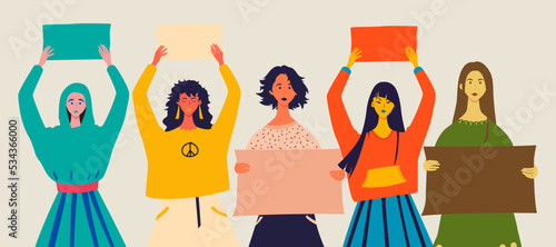 Five girls in waist-high with a poster in their hands. Rally and protest in Iran, women's freedom. Vector isolated illustration in flat style