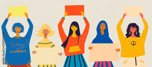 Five girls in waist-high with a poster in their hands. Rally and protest in Iran, women's freedom. Vector isolated illustration in flat style photo