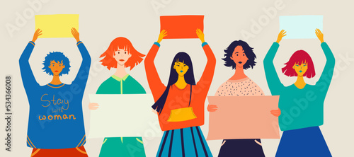 Five girls in waist-high with a poster in their hands. Rally and protest in Iran, women's freedom. Vector isolated illustration in flat style